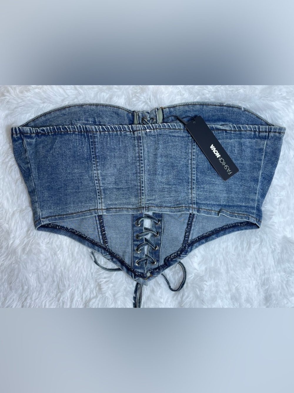 Fashion Nova Women’s MediumWash Denim Lace-Up Corset Crop Top Size XL NWT - Picture 7 of 10